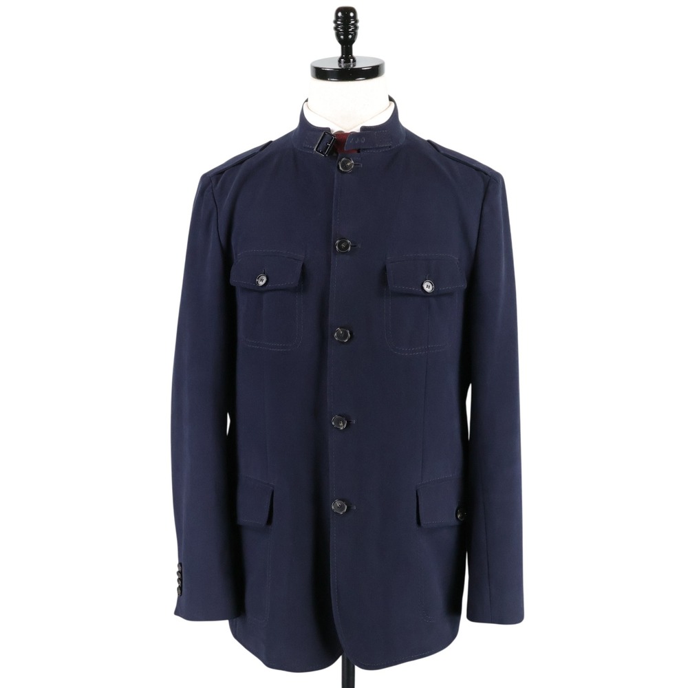 Hugo Boss Harper1 Utility Jacket 42R Blue Military Mandarin Collar Buckle Cotton